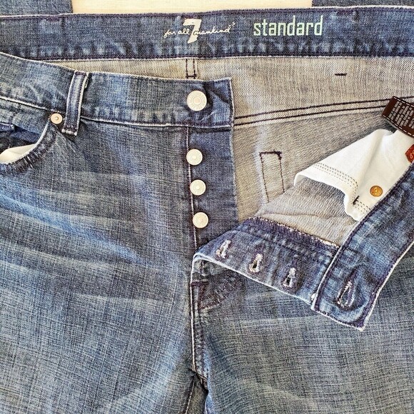 7 For All Mankind Standard Mens 38 Jeans ButtonFly Blue Wash Distressed Denim - Picture 10 of 11